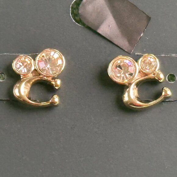 COACH SIGNATURE "C" CRYSTAL STUD EARRINGS:NWT GOLD/CLEAR C9450 - Picture 6 of 10